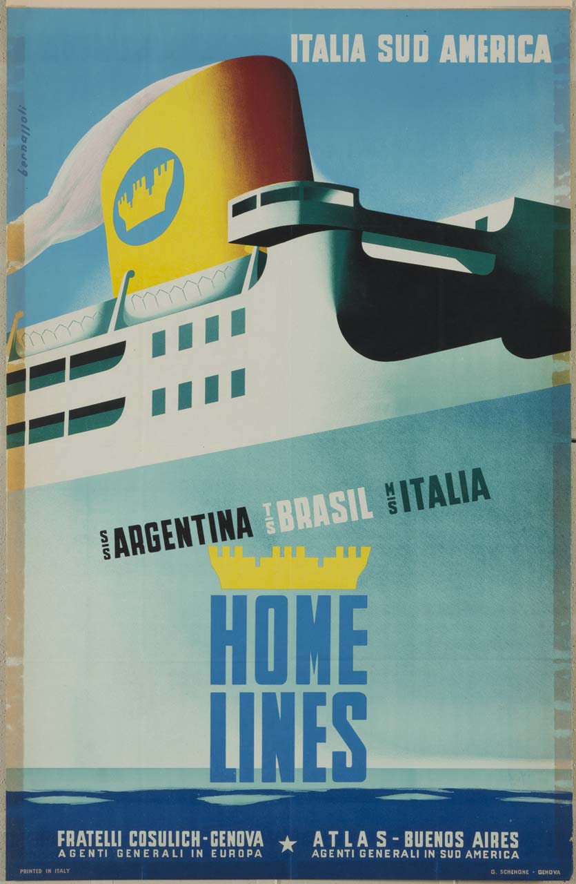 cabine e fumaioli di un transatlantico; mare (manifesto) di Bernazzoli Dario (XX)