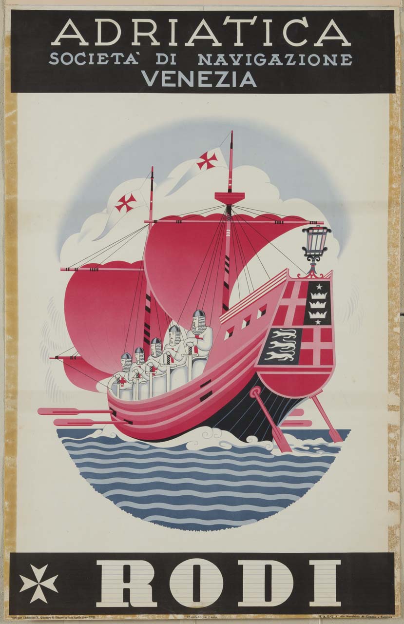 cinque crociati con costume da cavaliere templare e spada, su veliero in navigazione (manifesto) - ambito italiano (XX)