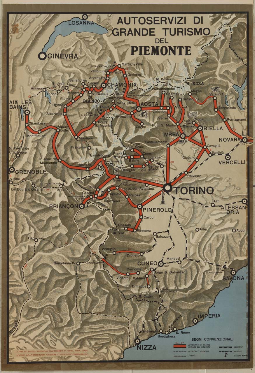 cartina orografica ove sono evidenziati i maggiori collegamenti stradali tra Torino e le principali città del Piemonte, della Svizzera, della Liguria e della vicina Francia (manifesto) - ambito italiano (XX)