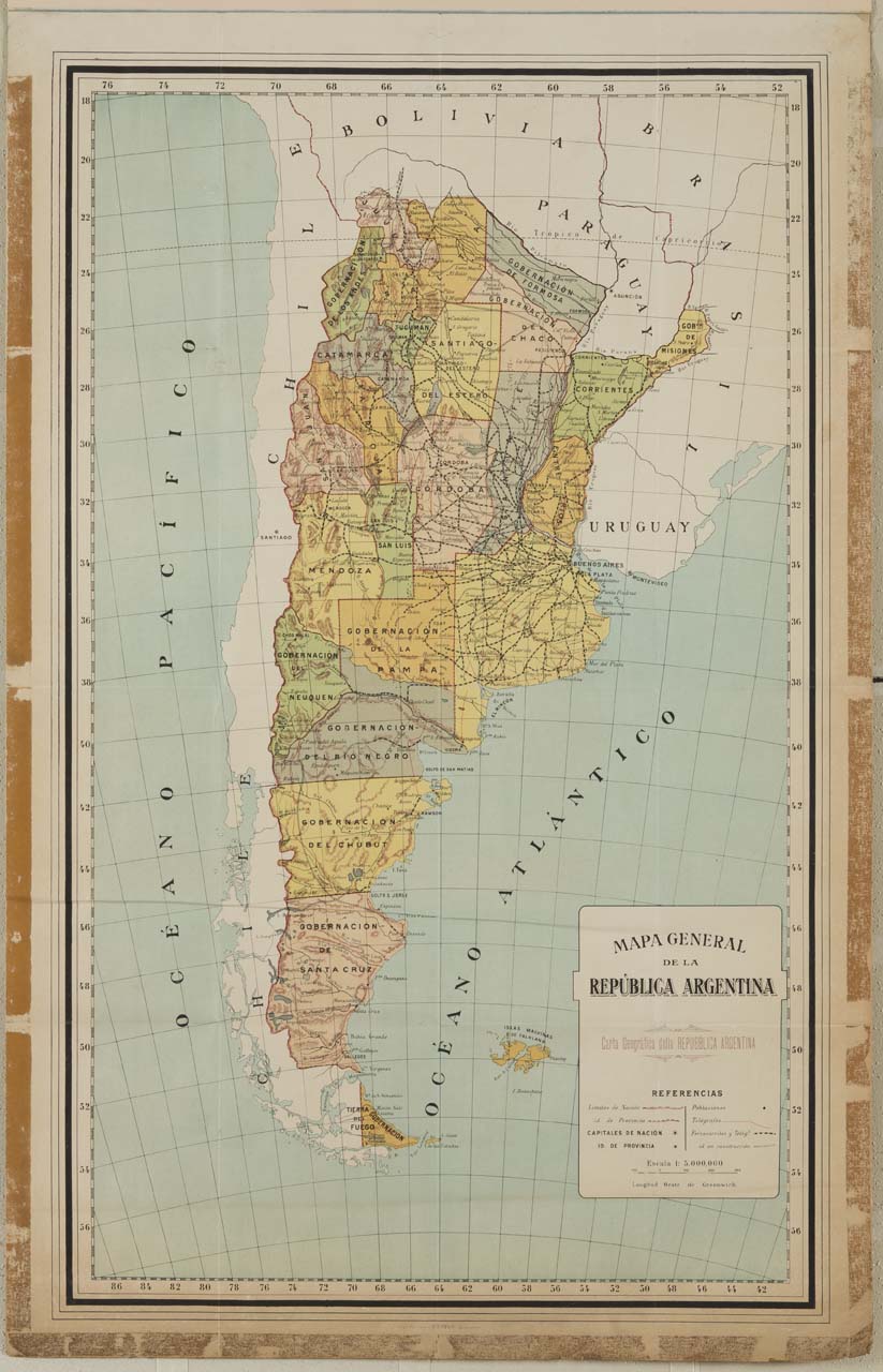 cartina geo-politica dell'Argentina; sul retro testo sull'Argentina, sue caratteristiche fisiche e politiche (carta geografica) - ambito spagnolo (sec. XX)