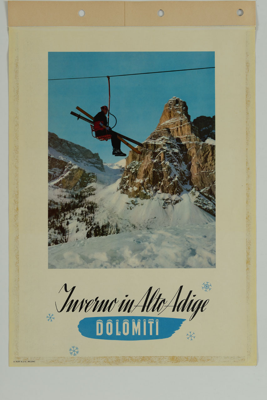 sciatore su seggiovia e vetta dolomitica sul fondo (manifesto) - ambito italiano (sec. XX)