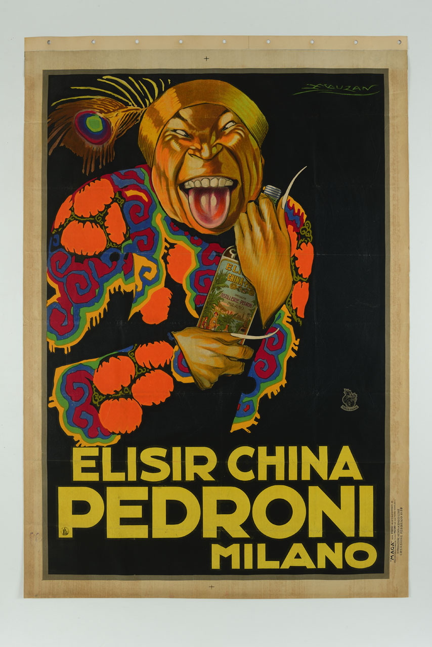 uomo dai tratti orientali in abito variopinto e turbante con piuma regge bottiglia e mostra la lingua (manifesto) di Mauzan Achille Luciano, MAGA (sec. XX)