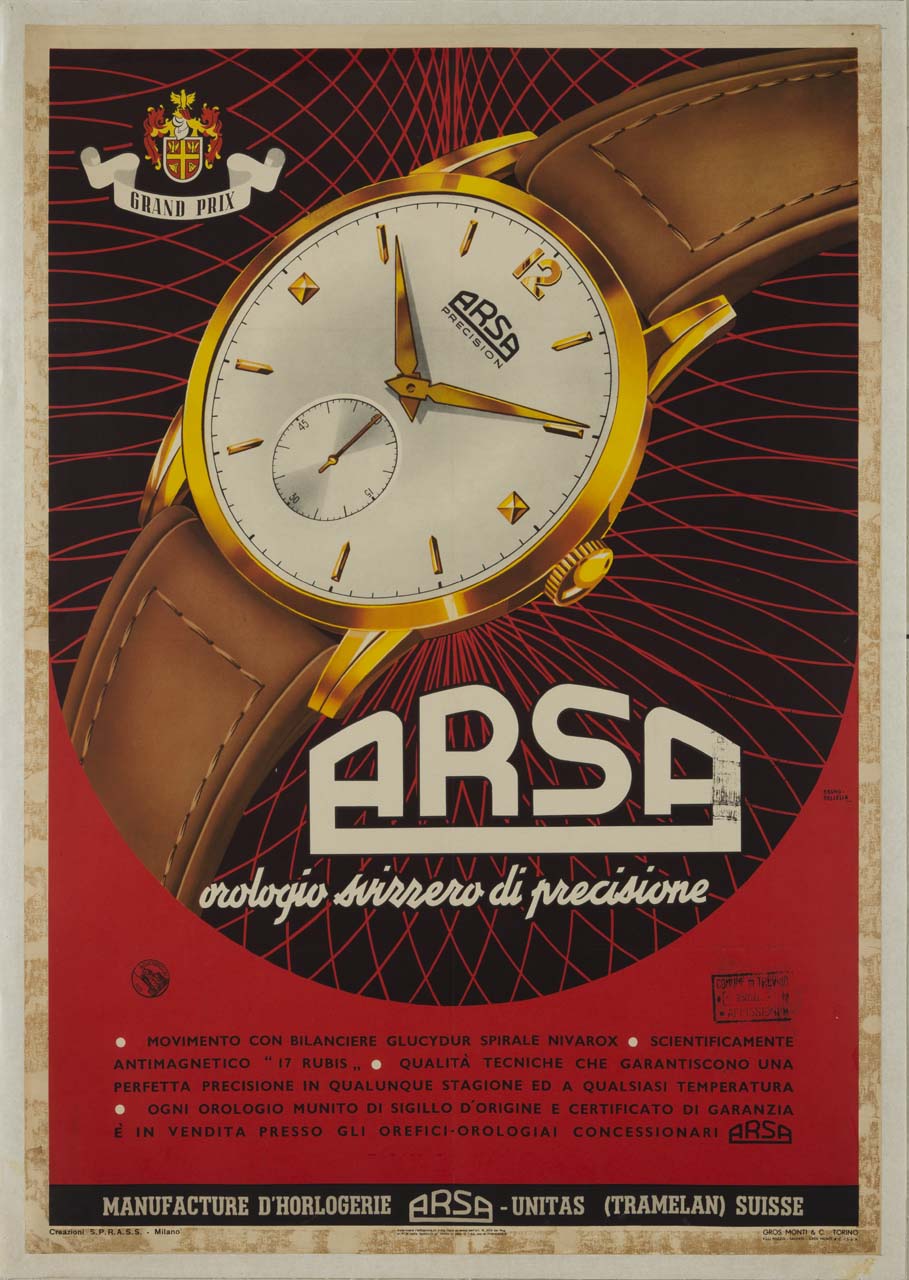 orologio da polso con cinturino in cuoio (manifesto) di Bellesia Bruno (sec. XX)