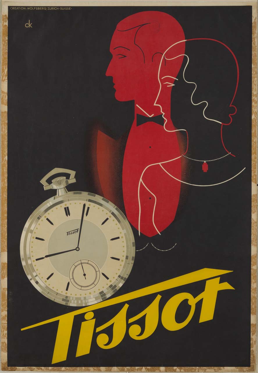 uomo in smoking e donna guardano nella stessa direzione, in basso un orologio da taschino (manifesto) - ambito svizzero (sec. XX)