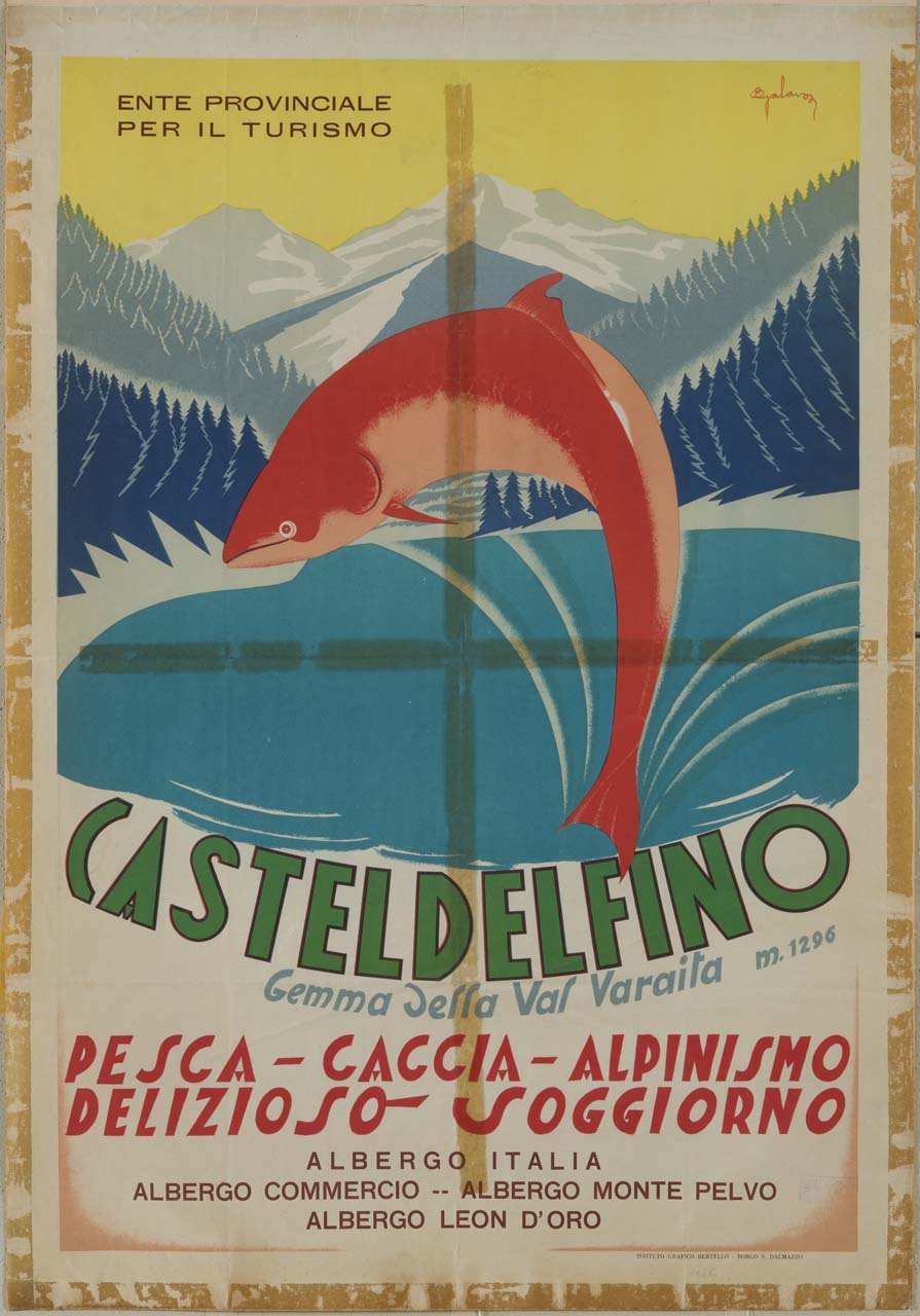 pesce salta fuori da lago di montagna davanti al monte Pelvo (manifesto) di Galaverna Ettore (sec. XX)