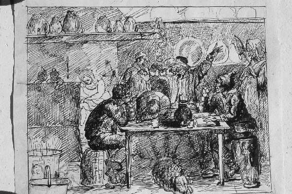 interno di osteria con figure (disegno) - ambito europeo (sec. XIX)