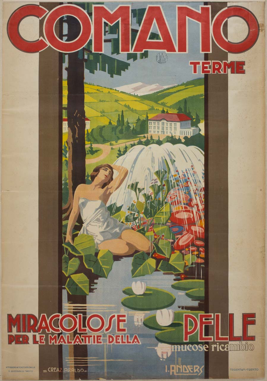 veduta di Comano con figura femminile e specchio d'acqua con ninfee (manifesto) di Anders Giuseppe (prima metà sec. XX)