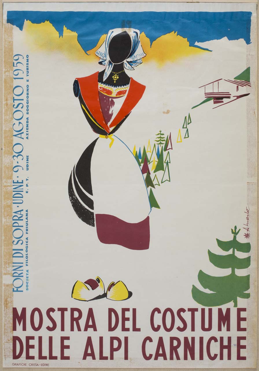 figura femminile in abiti folcloristici carnici e paesaggio di montagna (manifesto) di Merlo Aldo (sec. XX)