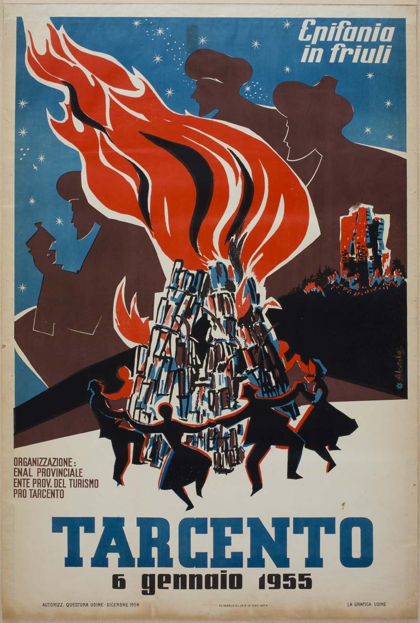 gruppo danzante attorno ad un falò, torre di Tarcento e sagome dei Re Magi (manifesto) di Merlo Aldo (sec. XX)