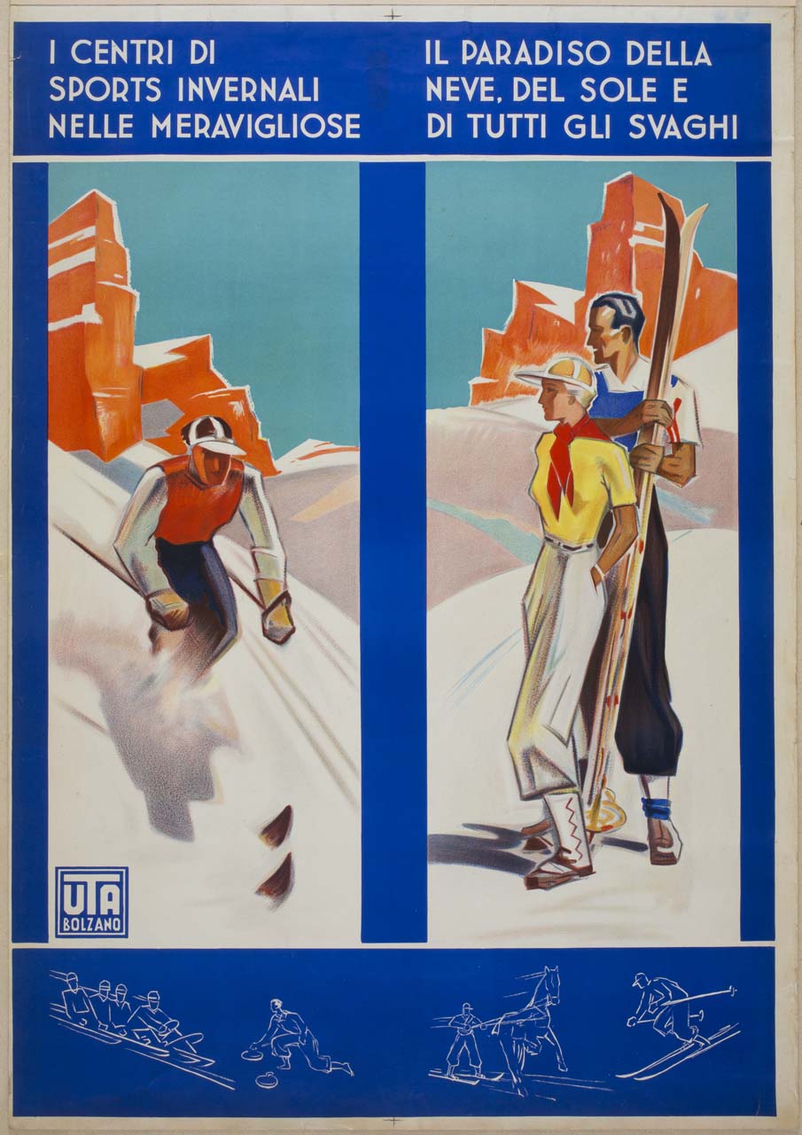 sciatore e coppia con paio di sci su paesaggio innevato (manifesto) - ambito italiano (metà sec. XX)