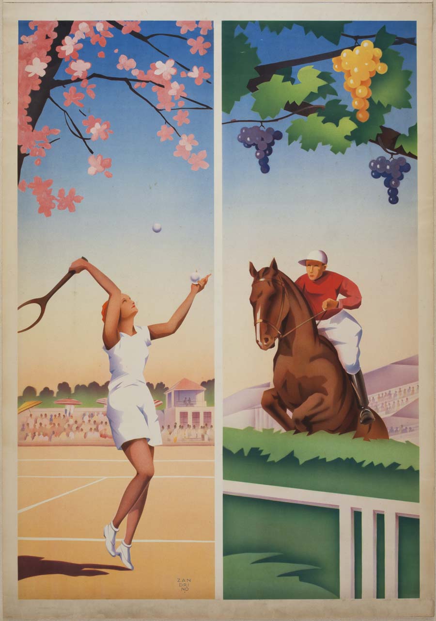 giocatrice di tennis e fantino a cavallo che salta un ostacolo (manifesto) di Zandrino Adelina (secondo quarto sec. XX)