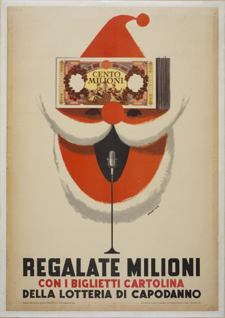 volto di Babbo Natale stilizzato al microfono con biglietto della lotteria in fronte (manifesto) di Testa Armando (sec. XX)