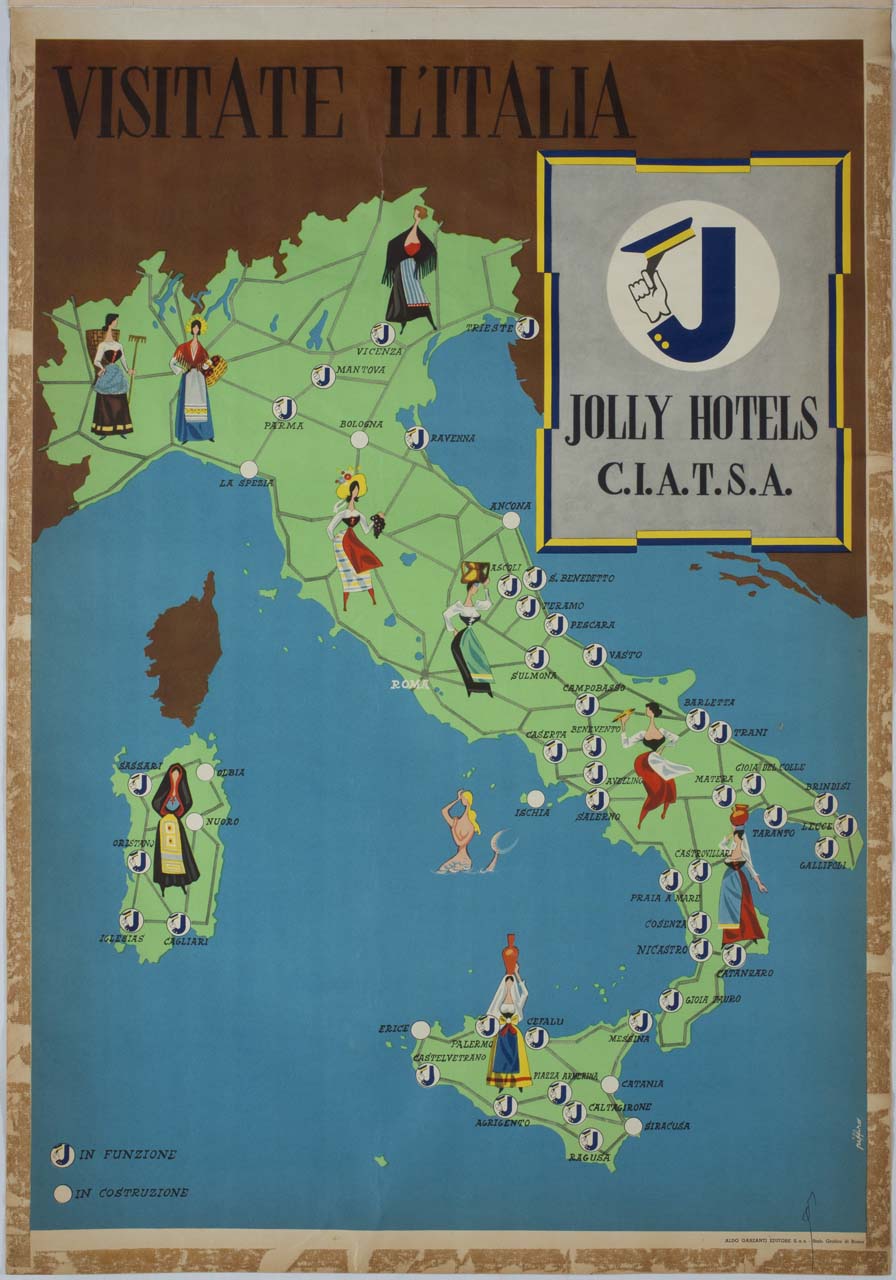 Italia con tracciato stradale e figure femminili in costume popolare (manifesto) di Piffero Luigi (metà sec. XX)
