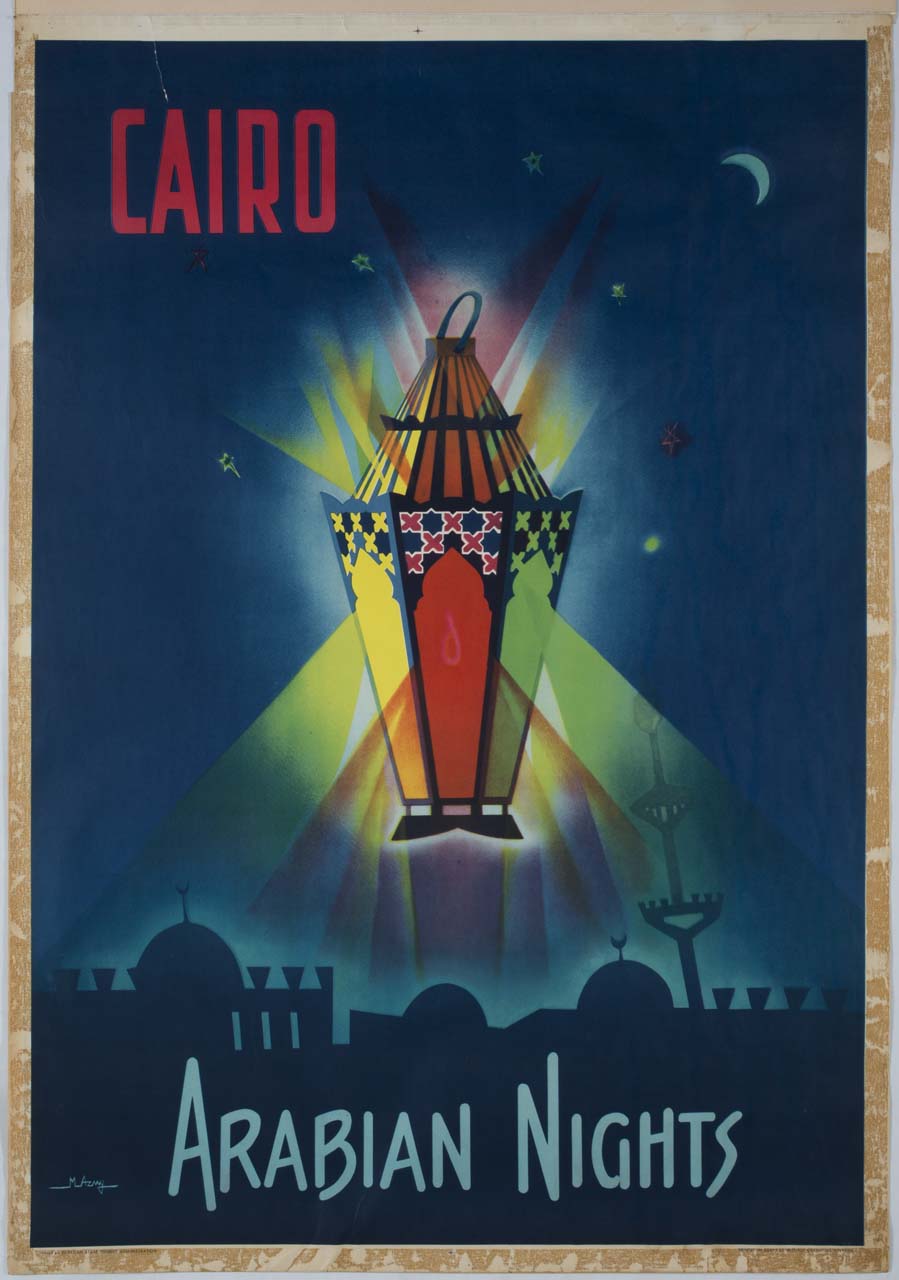 lampada riflette fasci di luce colorata sullo sfondo di architetture arabe (manifesto) di Azmy Ismael M (sec. XX)