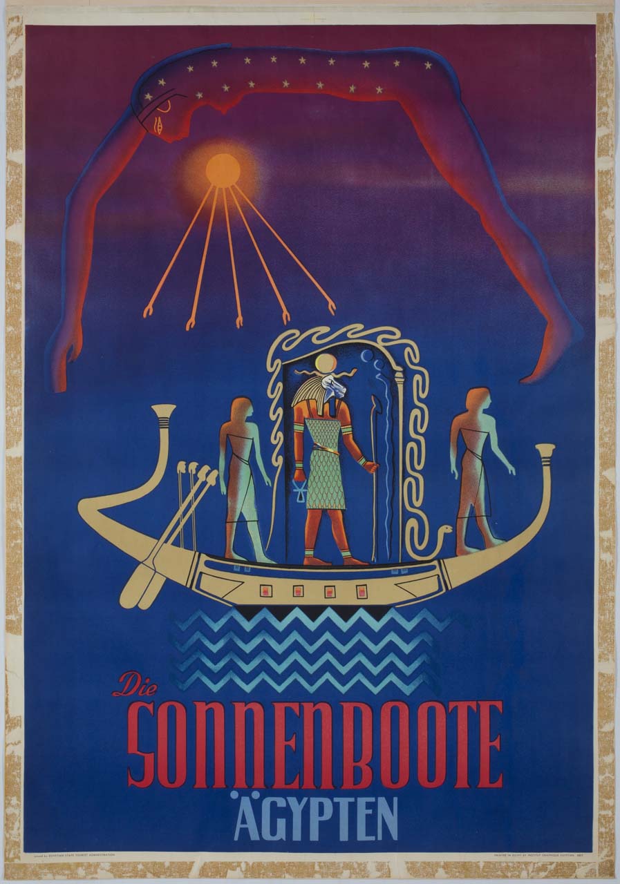 dio sole attraversa sulla sua barca il cielo diurno protetto dal serpente Mehen (manifesto) - ambito egizio (sec. XX)