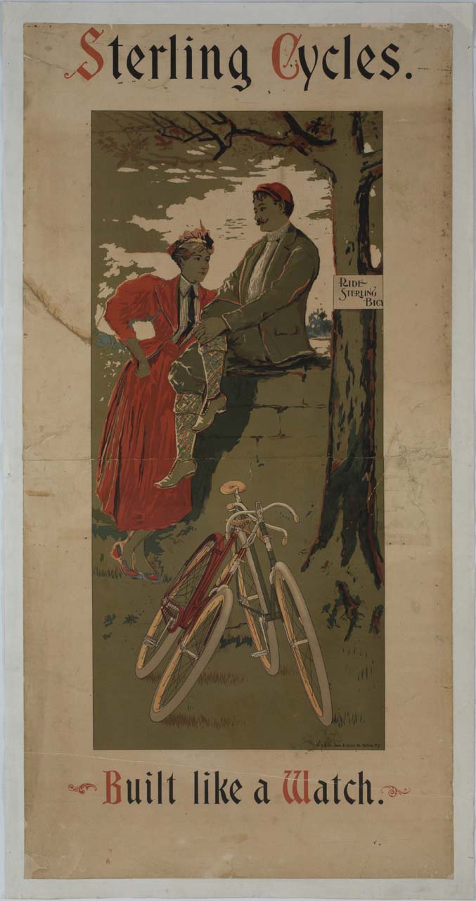 uomo e donna conversano presso un muro con due biciclette in primo piano (manifesto) - ambito statunitense (inizio sec. XX)