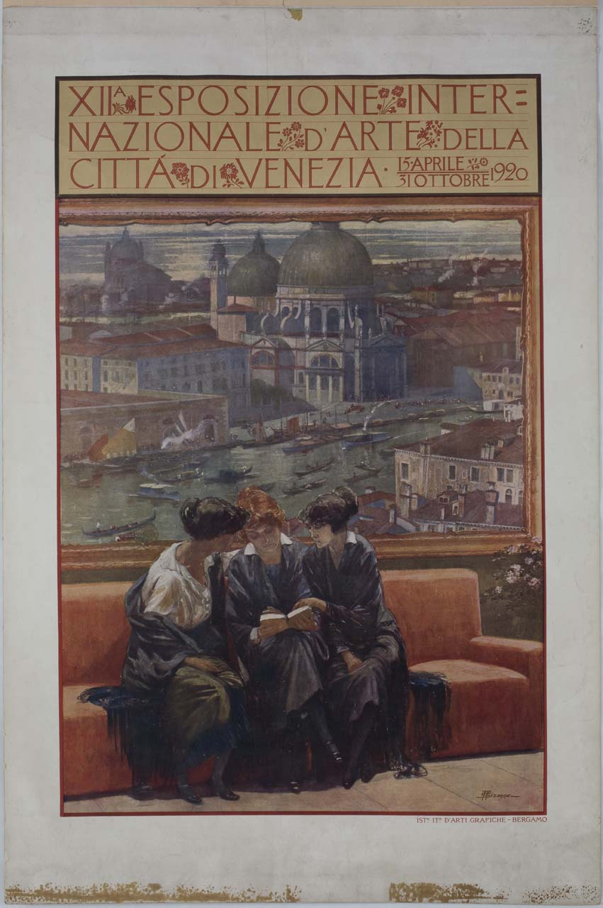 donne sedute leggono davanti a un dipinto con veduta di Venzia (manifesto) di Sezanne Augusto (sec. XX)