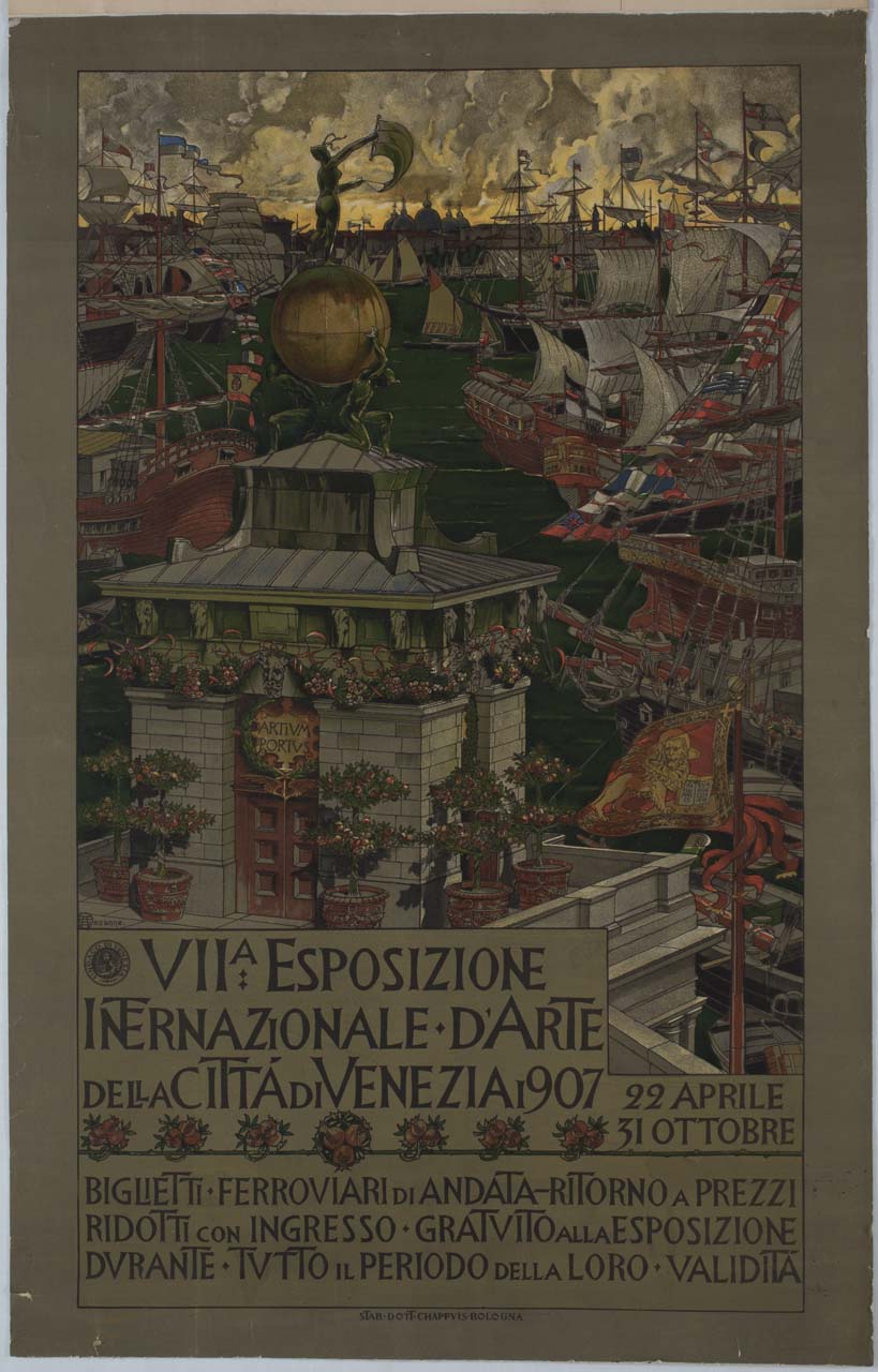 laguna veneziana con architetture e navi (manifesto) di Sezanne Augusto (sec. XX)