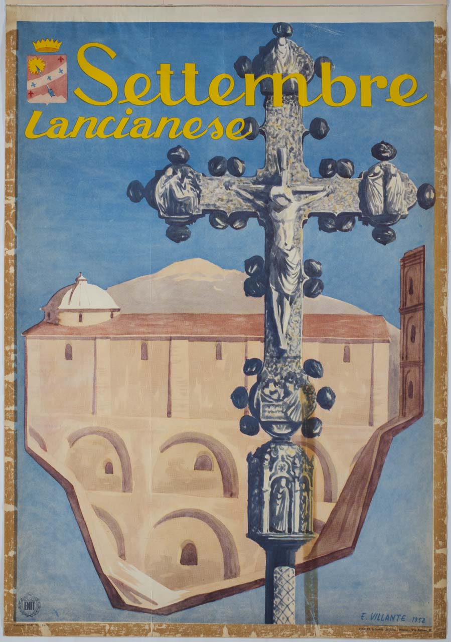 croce astile di Nicola da Guardiagrele sullo sfondo della Cattedrale della Madonna del Ponte a Lanciano (manifesto) di Villante E - ambito italiano (sec. XX)