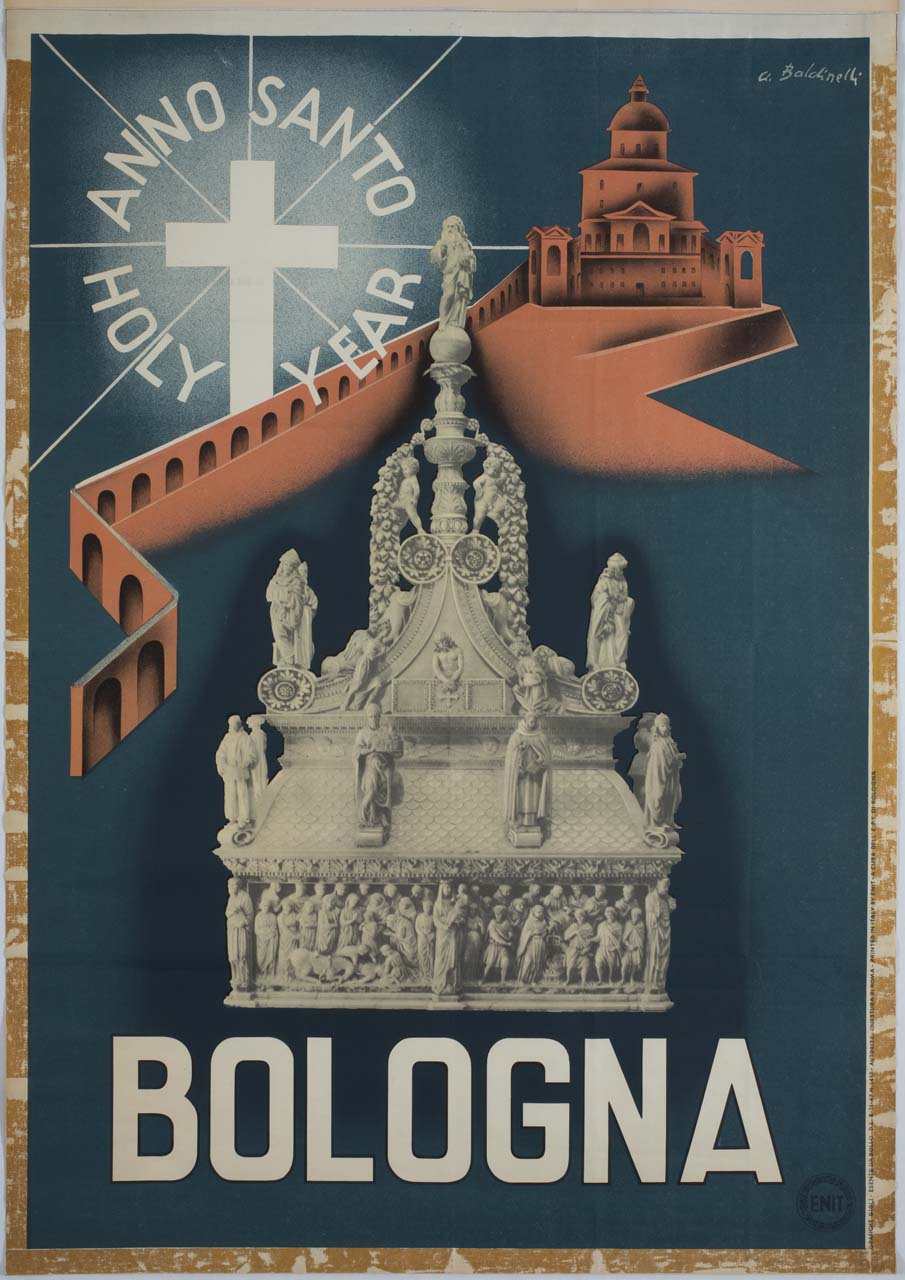 Arca di San Domenico a Bologna sullo sfondo della basilica omonima (manifesto) di Baldinelli Armando (sec. XX)