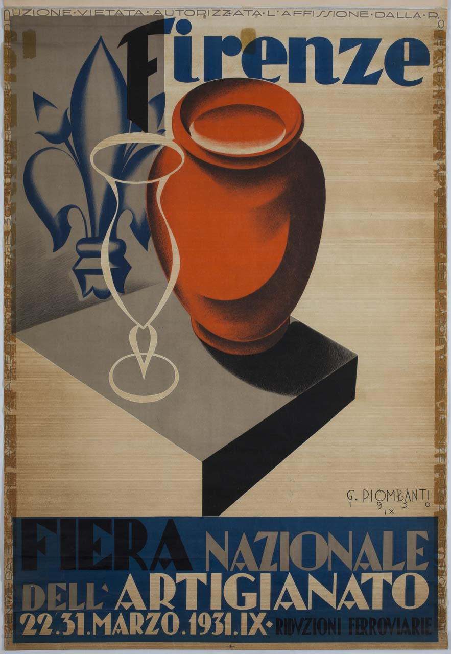 vaso e calice su mensola sullo sfondo del giglio araldico fiorentino (manifesto) di Piombanti Ammannati Giuseppe (sec. XX)