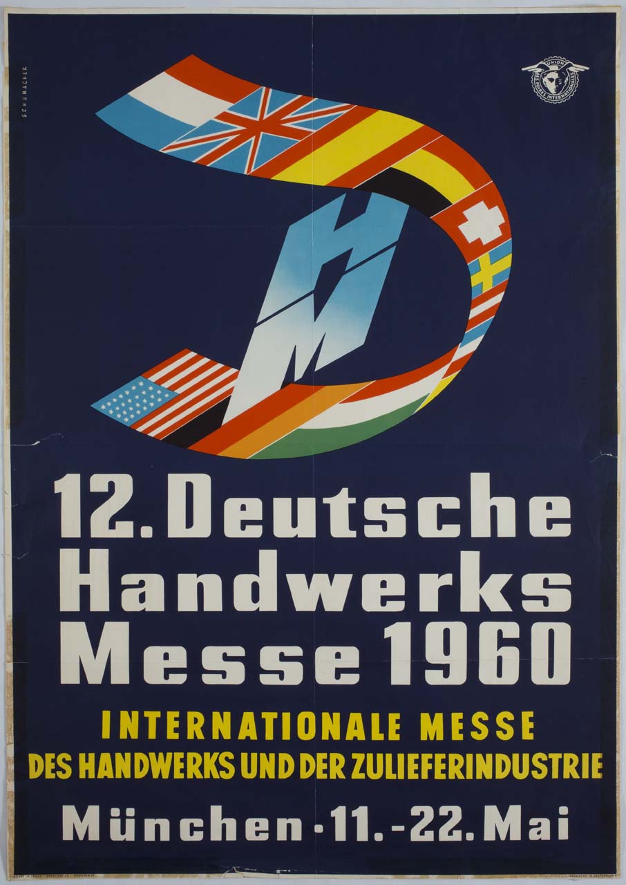 lettera D formata da bandiere internazionali e da H e M sovrapposte (manifesto) di Schumacher - ambito tedesco (sec. XX)
