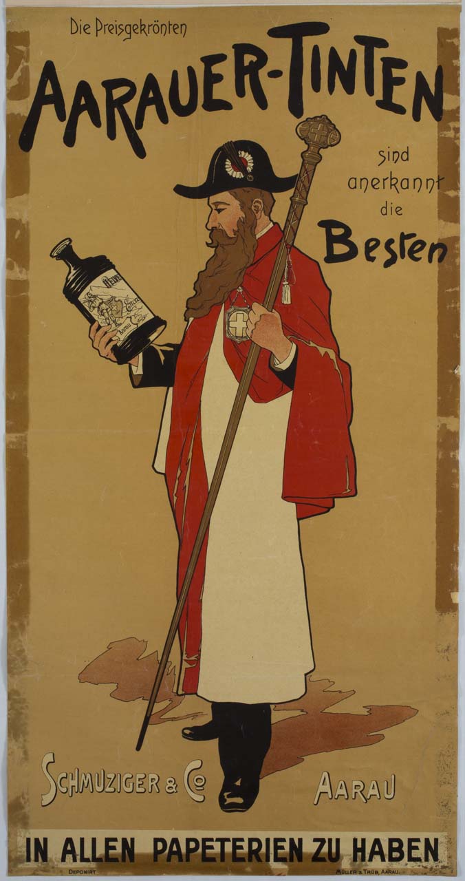 borgomastro con bastone sorregge un flacone di inchiostro (manifesto) - ambito svizzero (inizio sec. XX)