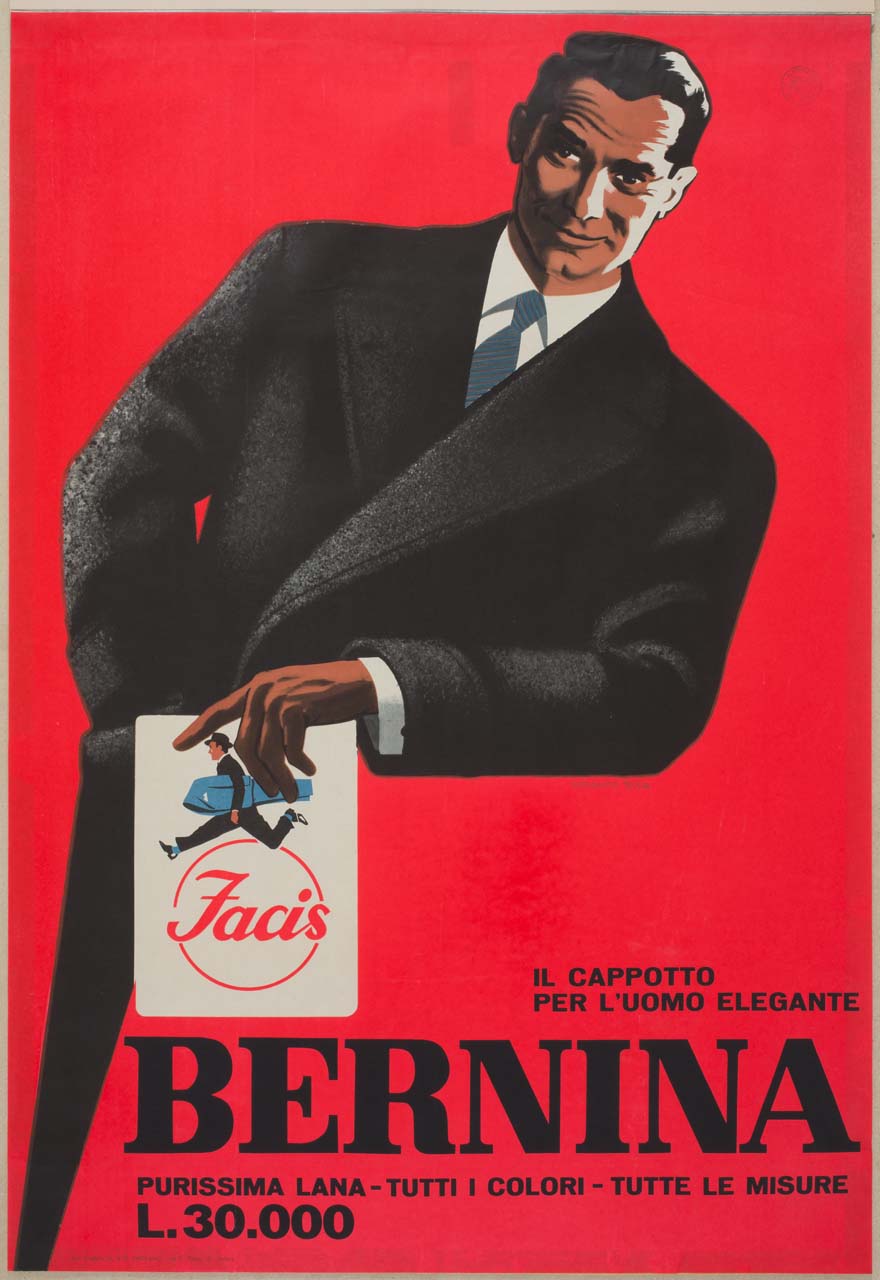 uomo con cappotto tiene in mano una locandina pubblicitaria della ditta Facis (manifesto) di Testa Armando (sec. XX)