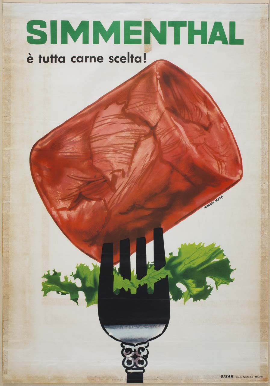 carne in scatola e foglia di insalata su forchetta (manifesto) di Testa Armando (metà sec. XX)