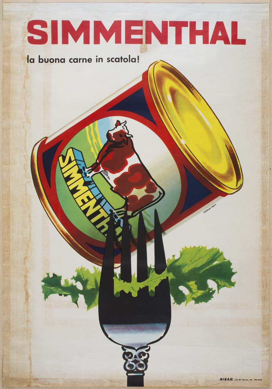 barattolo di carne in scatola e foglia di insalata su forchetta (manifesto) di Testa Armando (metà sec. XX)