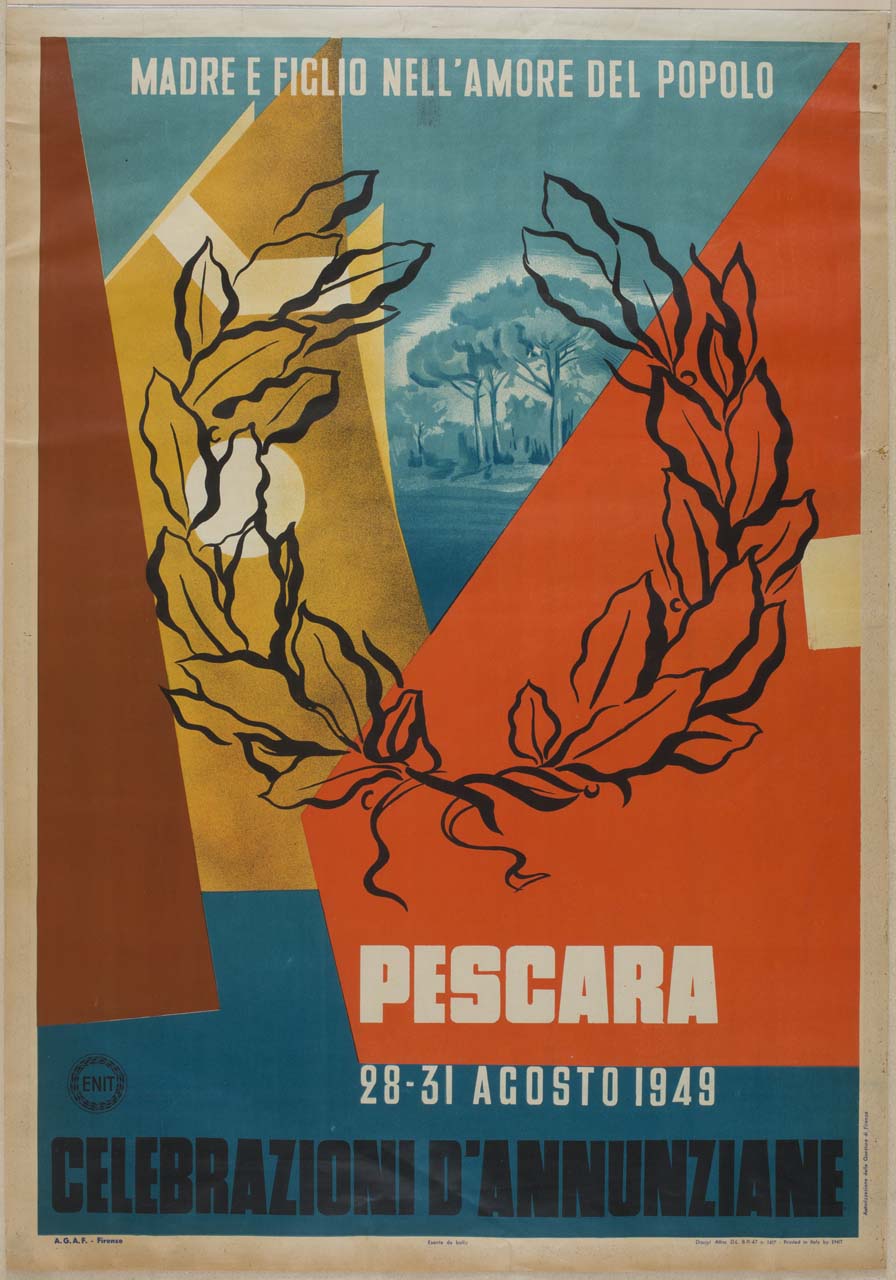 corona d'alloro su sagome geometriche e paesaggio con alberi (manifesto) - ambito italiano (sec. XX)