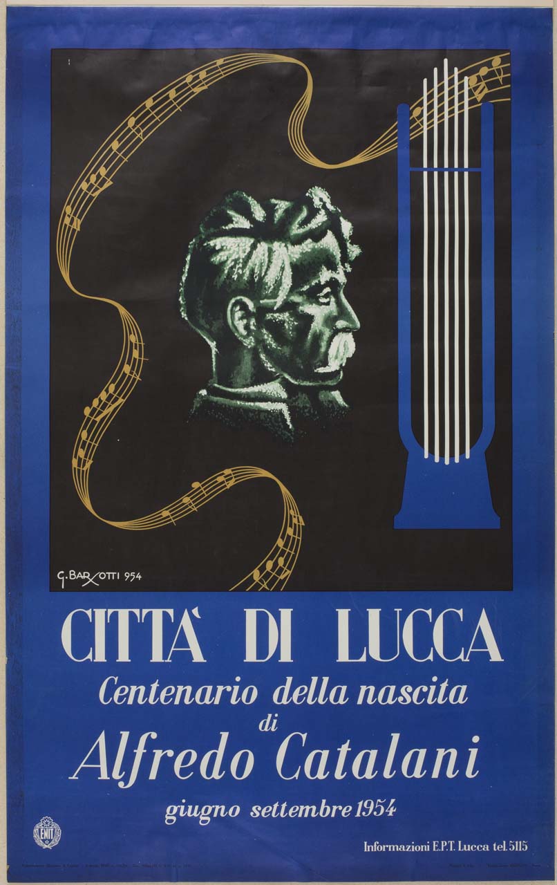 profilo di Alfredo Catalani, pentagramma musicale e lira (manifesto) di Barsotti Gianfranco (sec. XX)