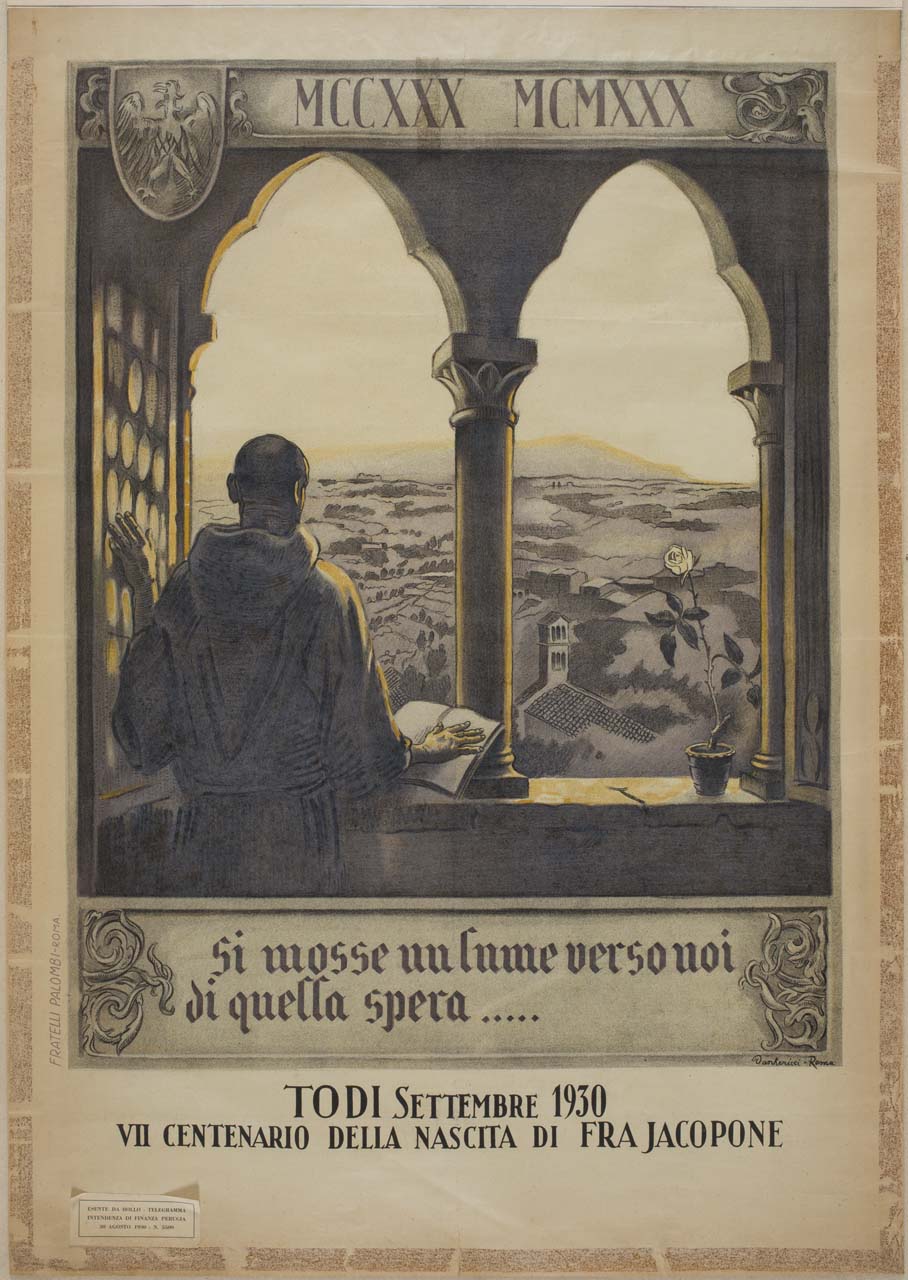frate francescano si affaccia da una bifora su paesaggio con veduta della Chiesa di Sant'Ilario a Todi (manifesto) di Ricci Dante (sec. XX)