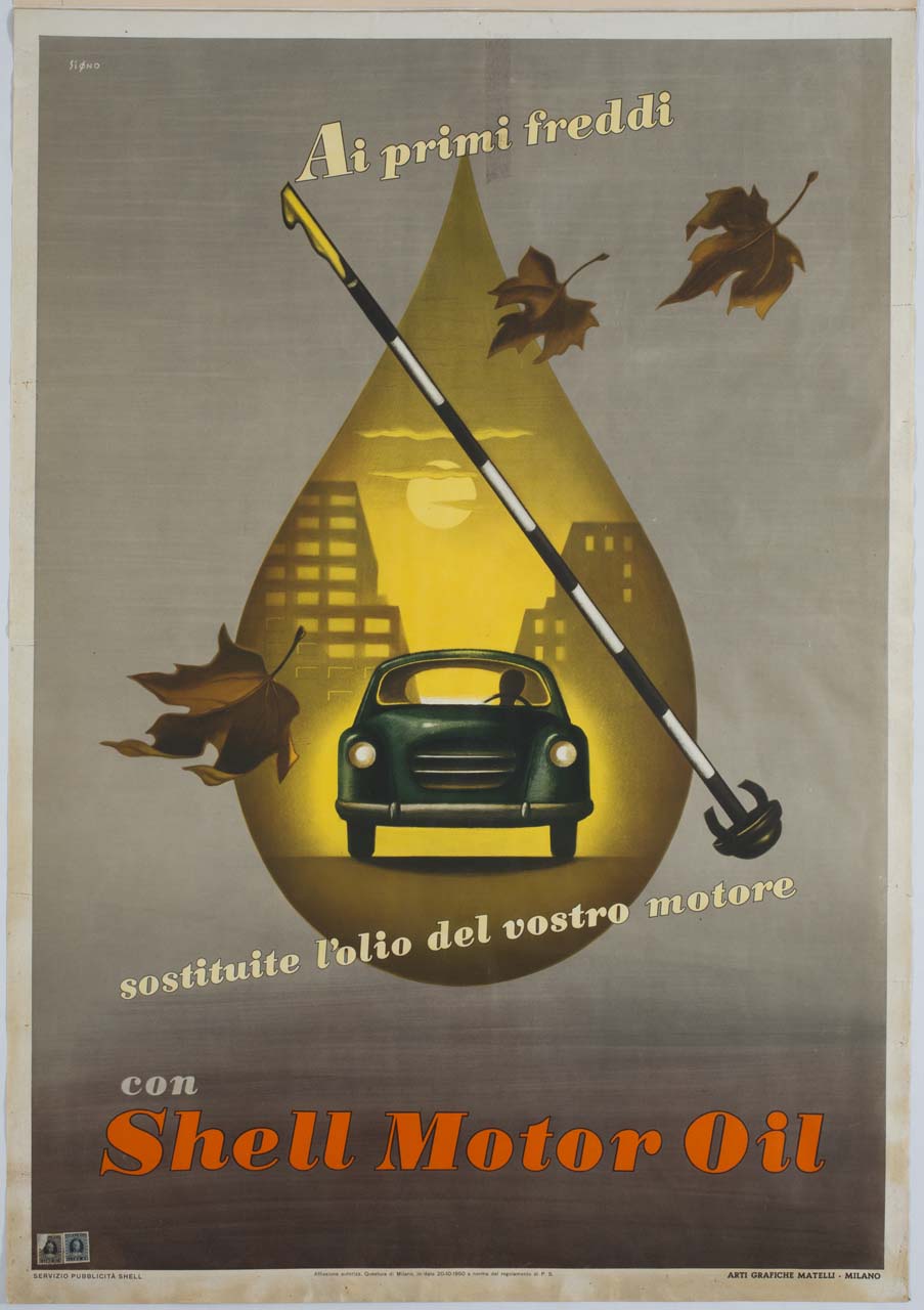 automobile entro una goccia di olio e astina per l'olio del motore (manifesto) di Signorini Oscar (sec. XX)