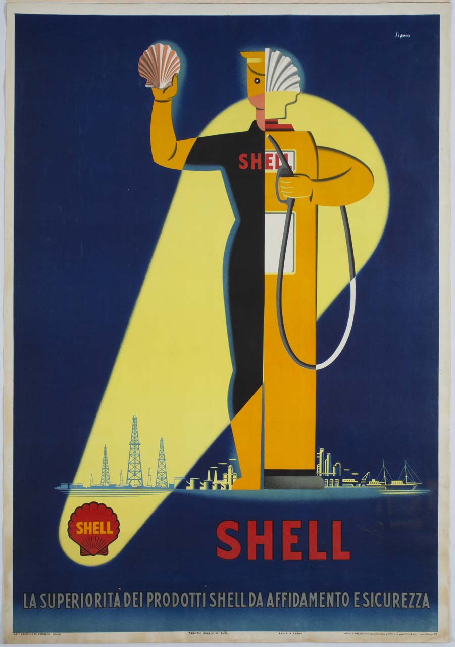 figura antropomorfa per metà maschile con conchiglia in mano e per l'altra metà pompa di benzina (manifesto) di Signorini Oscar (sec. XX)