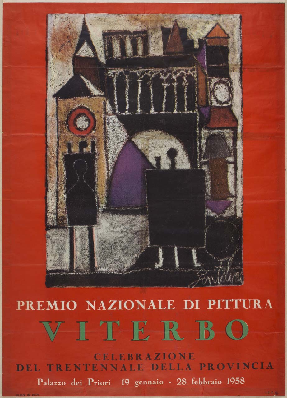 dipinto con architetture e tele su cavalletti di Franco Gentilini (manifesto) - ambito italiano (sec. XX)