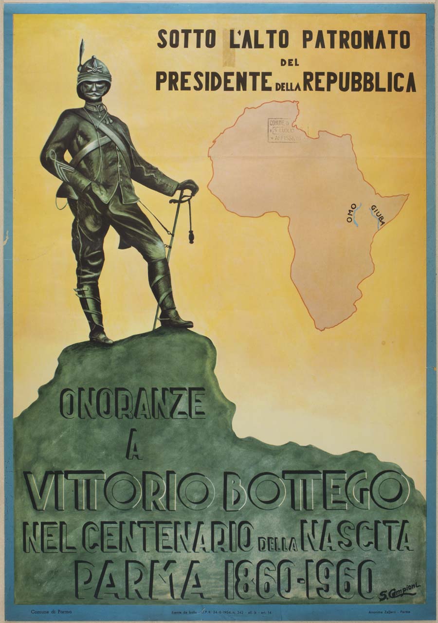 monumento a Vittorio Bottego di Ettore Ximenes e sagoma del continente africano (manifesto) di Campioni Silvio (sec. XX)
