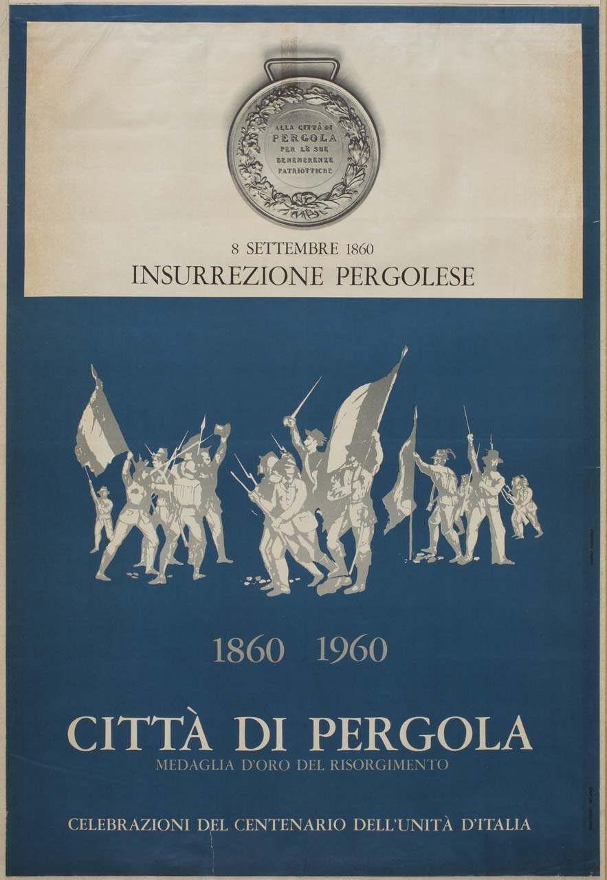 medaglia e soldati con bandiere italiane (manifesto) di Valentini Walter (sec. XX)