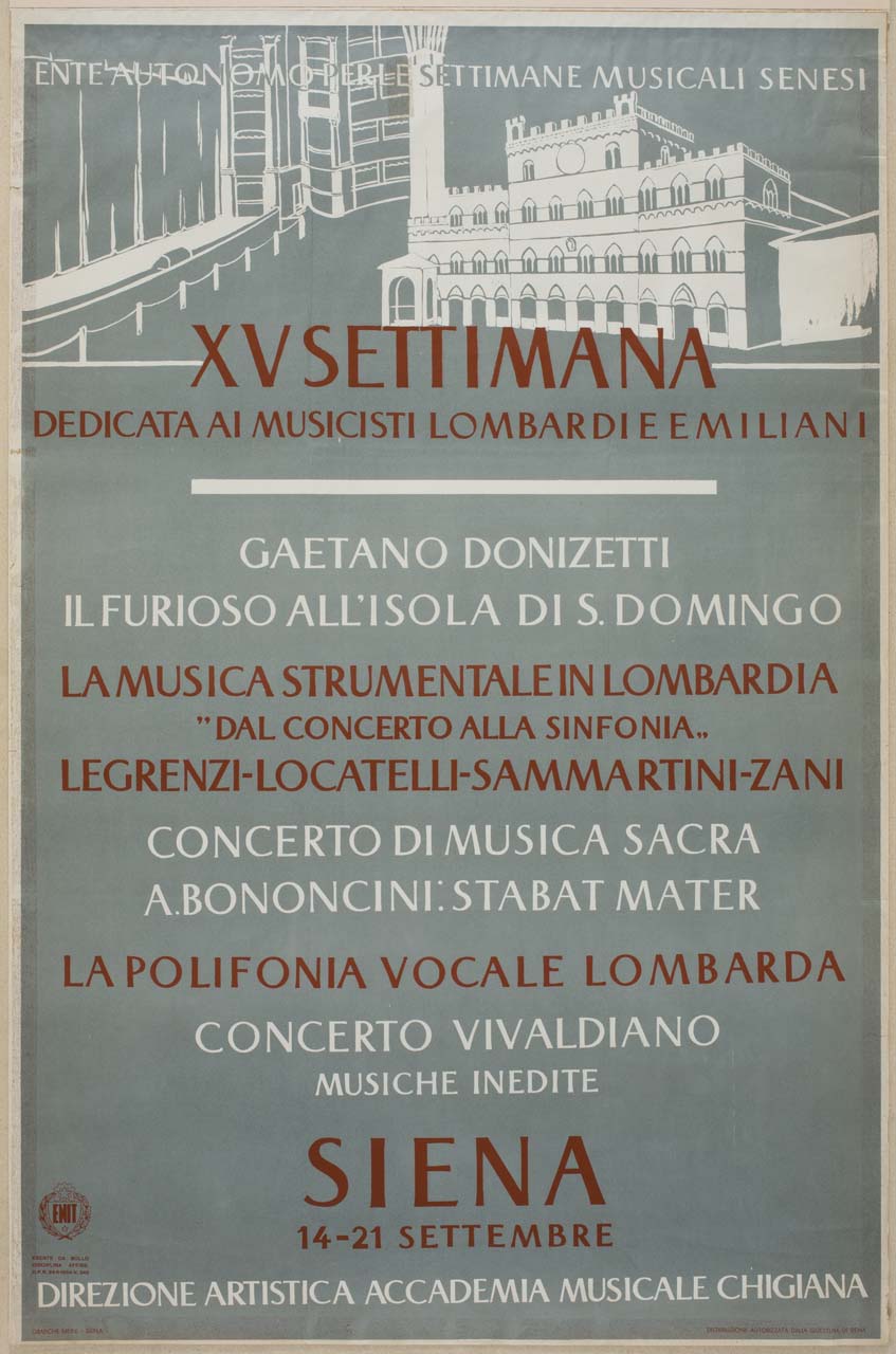 interno di teatro con palcoscenico e palchi e Palazzo Pubblico di Siena (manifesto) - ambito italiano (sec. XX)