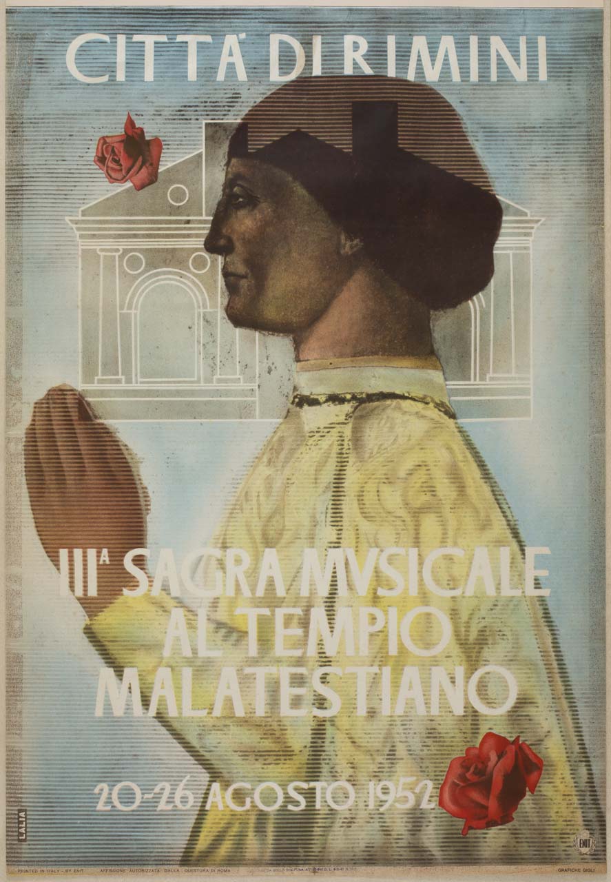 progetto della facciata del Tempio Malatestiano a Rimini e particolare dell'affresco con Sigismondo Pandolfo Malatesta in preghiera davanti a San Sigismondo di Piero della Francesca (manifesto) di Lalia Alfredo (sec. XX)