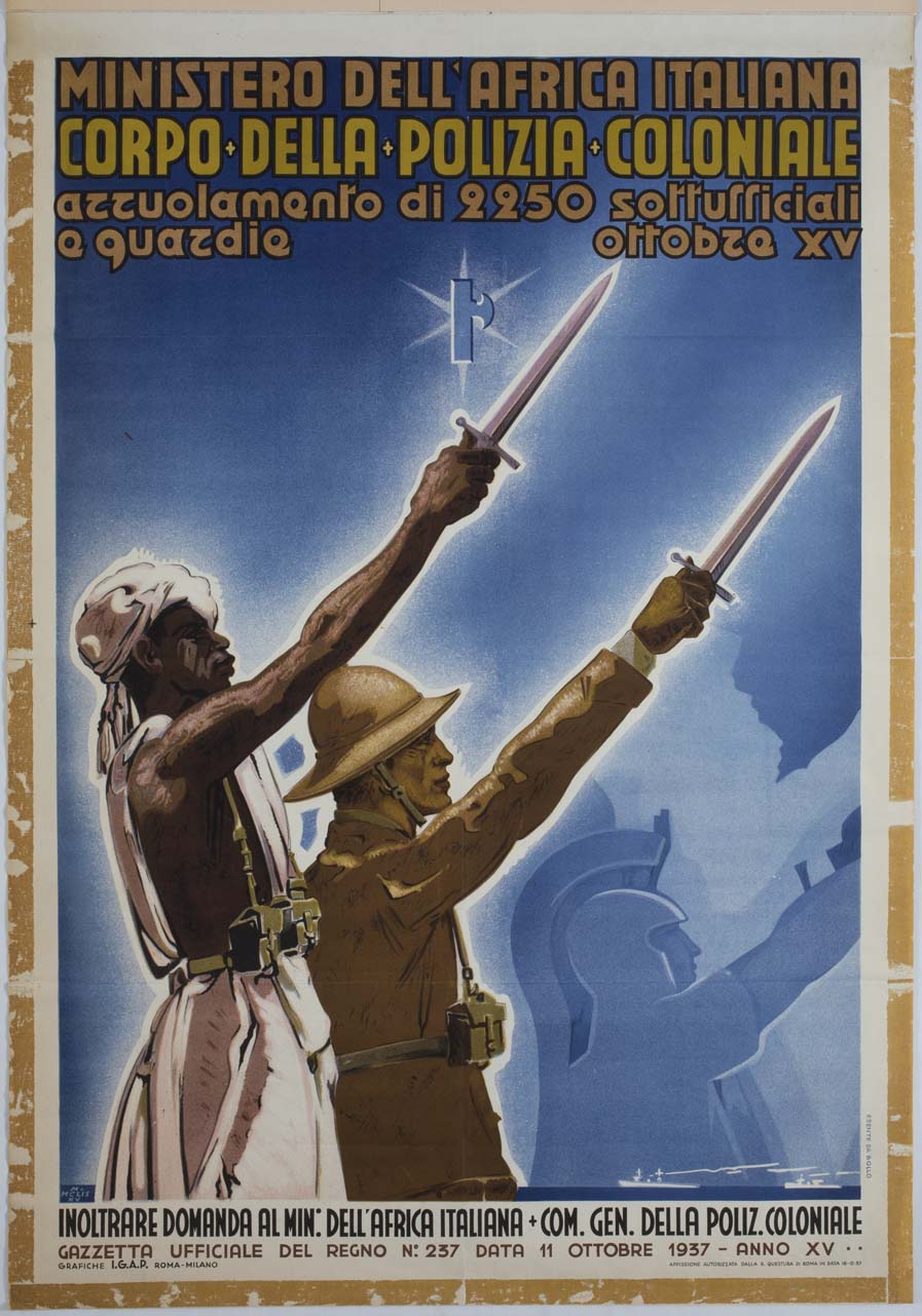 soldati con spada rivolta verso l'alto (manifesto) di Melis Melkiorre (sec. XX)