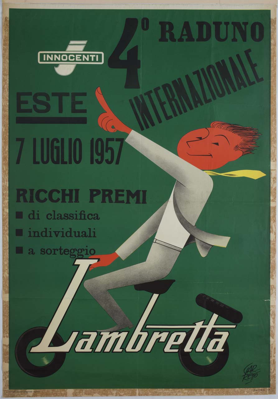 uomo con braccio alzato corre seduto sulla scritta lambretta con ruote e sella (manifesto) di Garretto Paolo Federico (sec. XX)