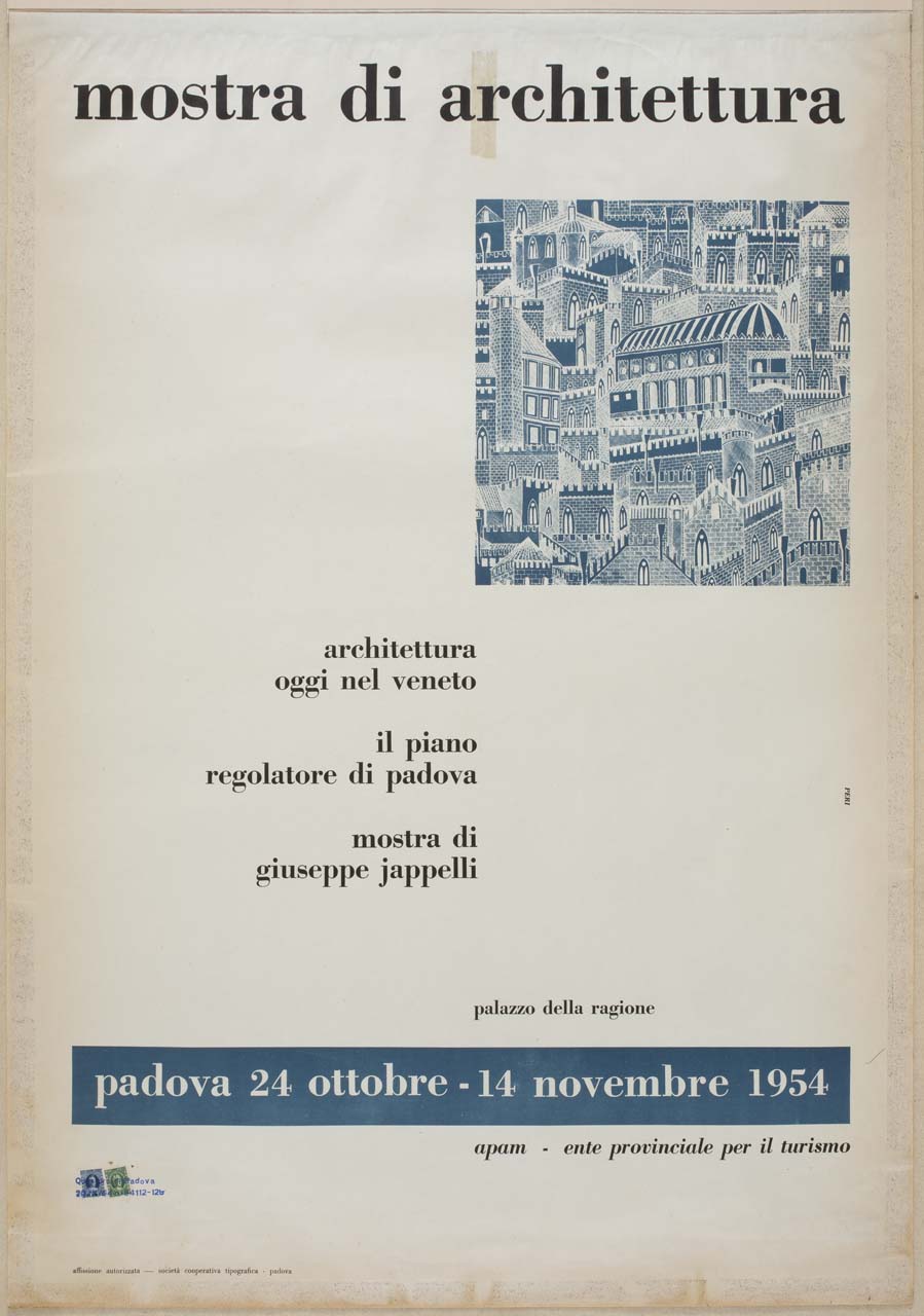 disegno con veduta della città di Padova in epoca medievale (manifesto) di Perissinotto Giorgio detto Peri (sec. XX)