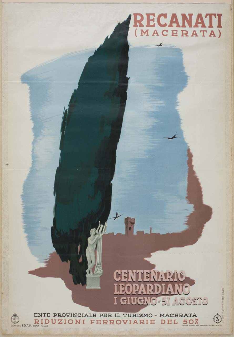 albero con statua di Apollo e Torre Civica di Recanati (manifesto) - ambito italiano (sec. XX)