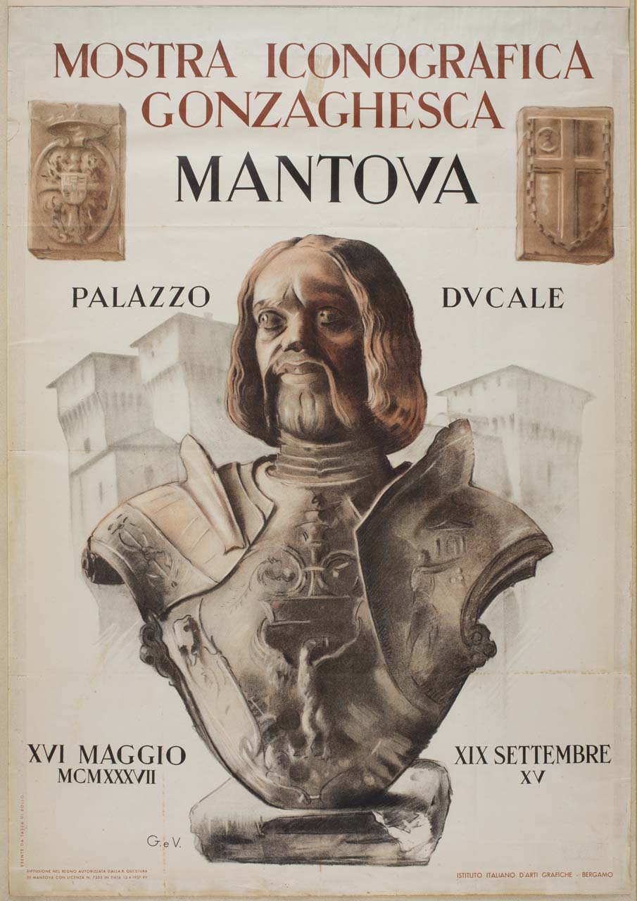 veduta di Palazzo Ducale a Mantova e busto di Francesco Secondo Gonzaga di Giovanni Cristoforo Romano (manifesto) - ambito italiano (sec. XX)