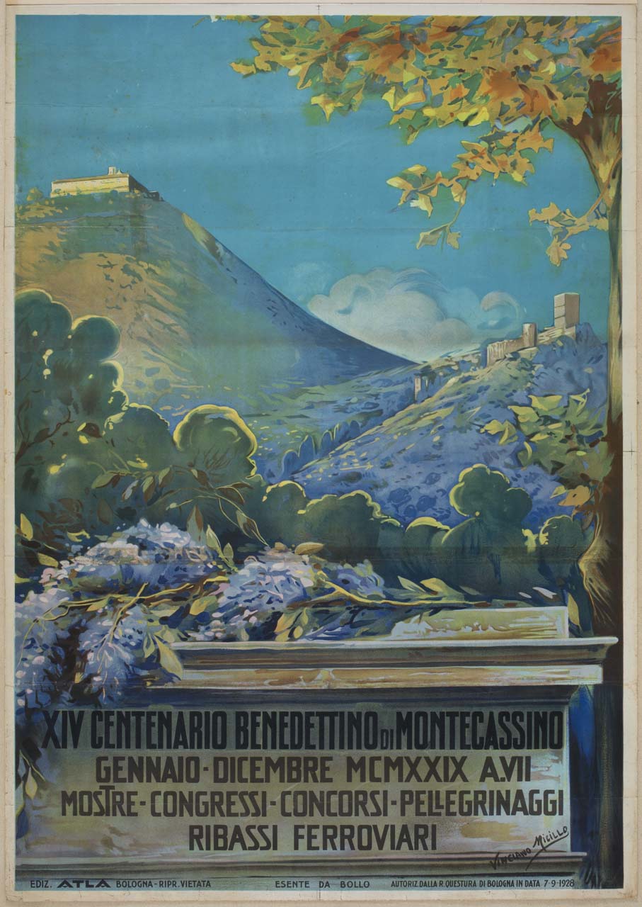 veduta di Montecassino e ramo fiorito su basamento (manifesto) di Micillo Vinciamo (sec. XX)