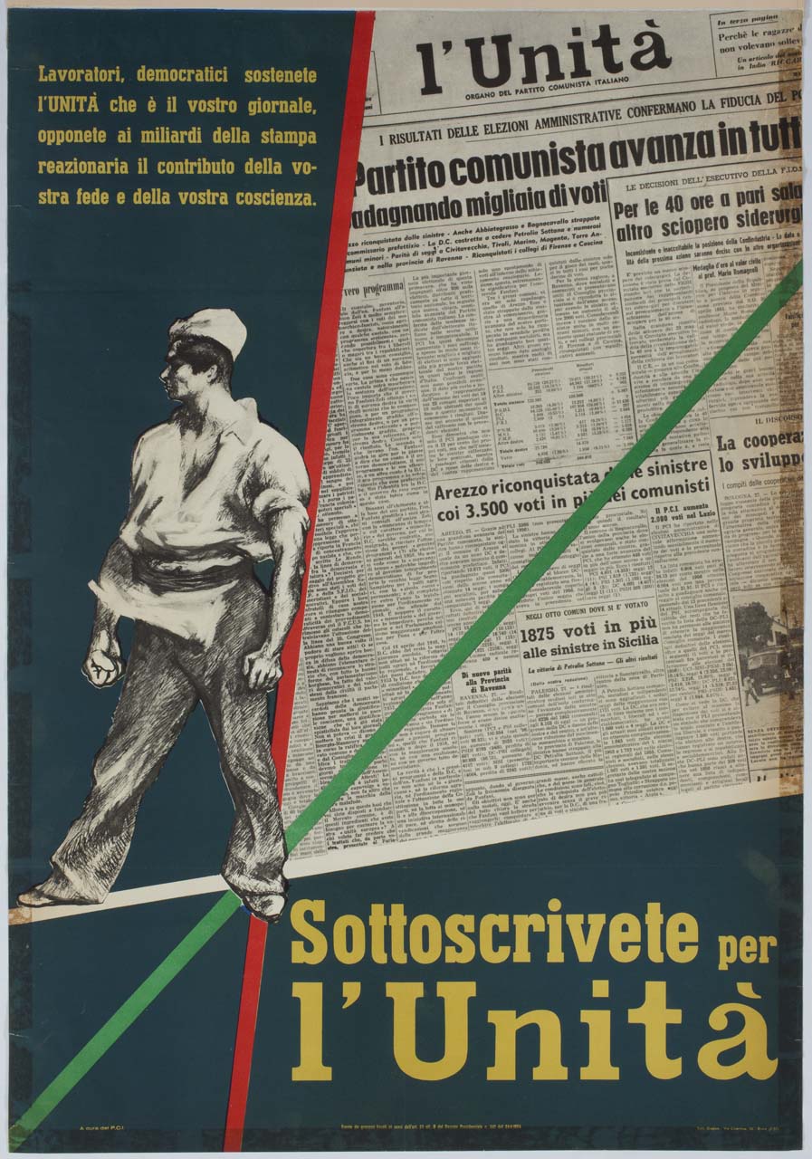 uomo con pugni serrati e ritaglio del quotidiano l'Unità (manifesto) - ambito italiano (sec. XX)