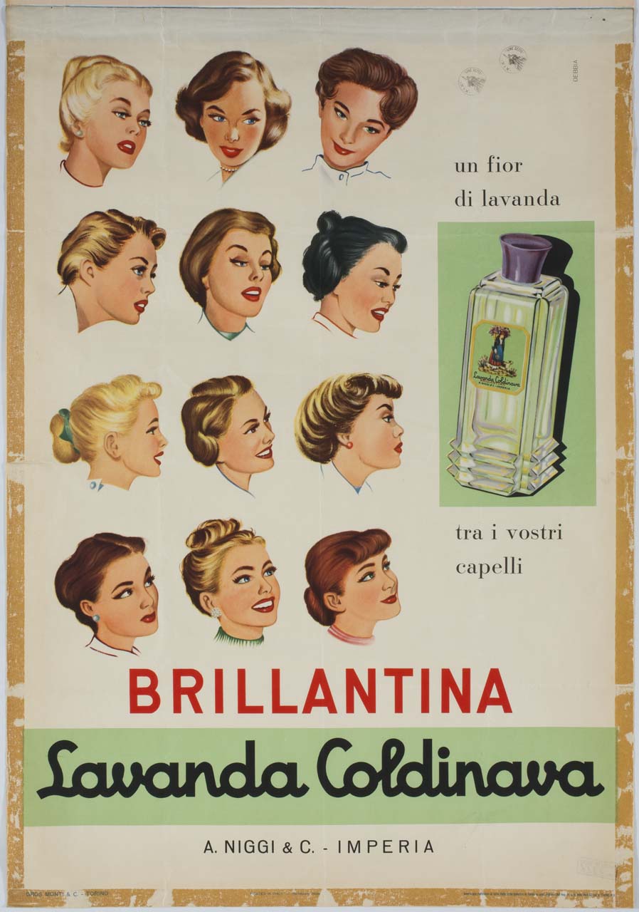 teste femminili con diverse acconciature e riquadro con bottiglia di brillantina (manifesto) di Debbia Leonildo (sec. XX)