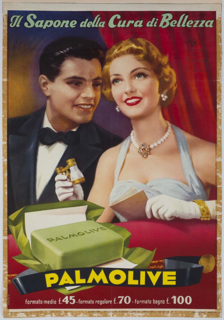 uomo in smoking e donna in abito da sera con binocolo assistono ad uno spettacolo teatrale (manifesto) di Omnia Pubblicità (sec. XX)