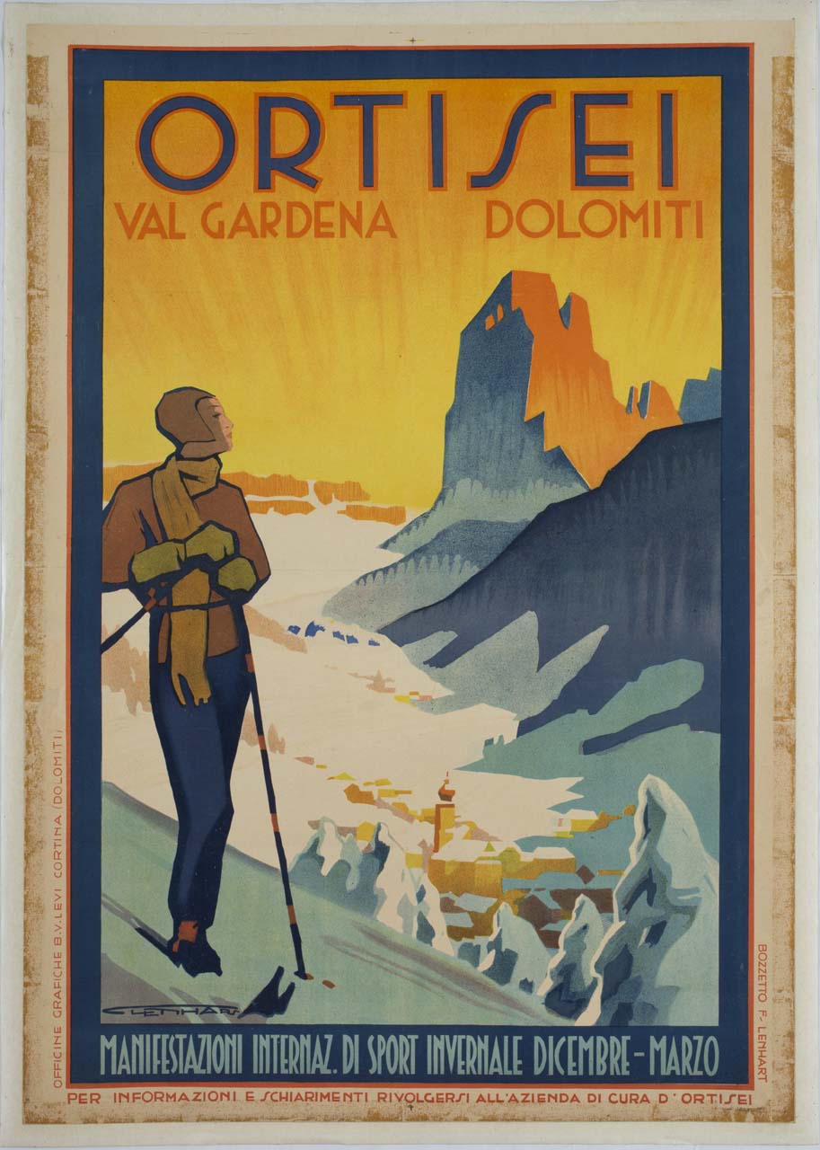 sciatrice ammira il tramonto sulle Dolomiti (manifesto) di Lenhart Franz (sec. XX)